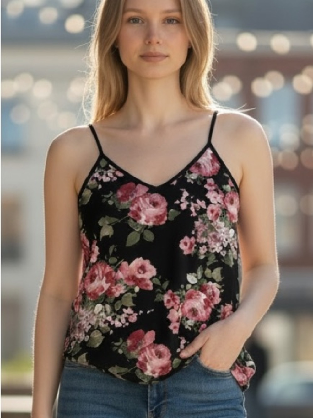 Floral V-Neck  Tank Top in Black and Pink